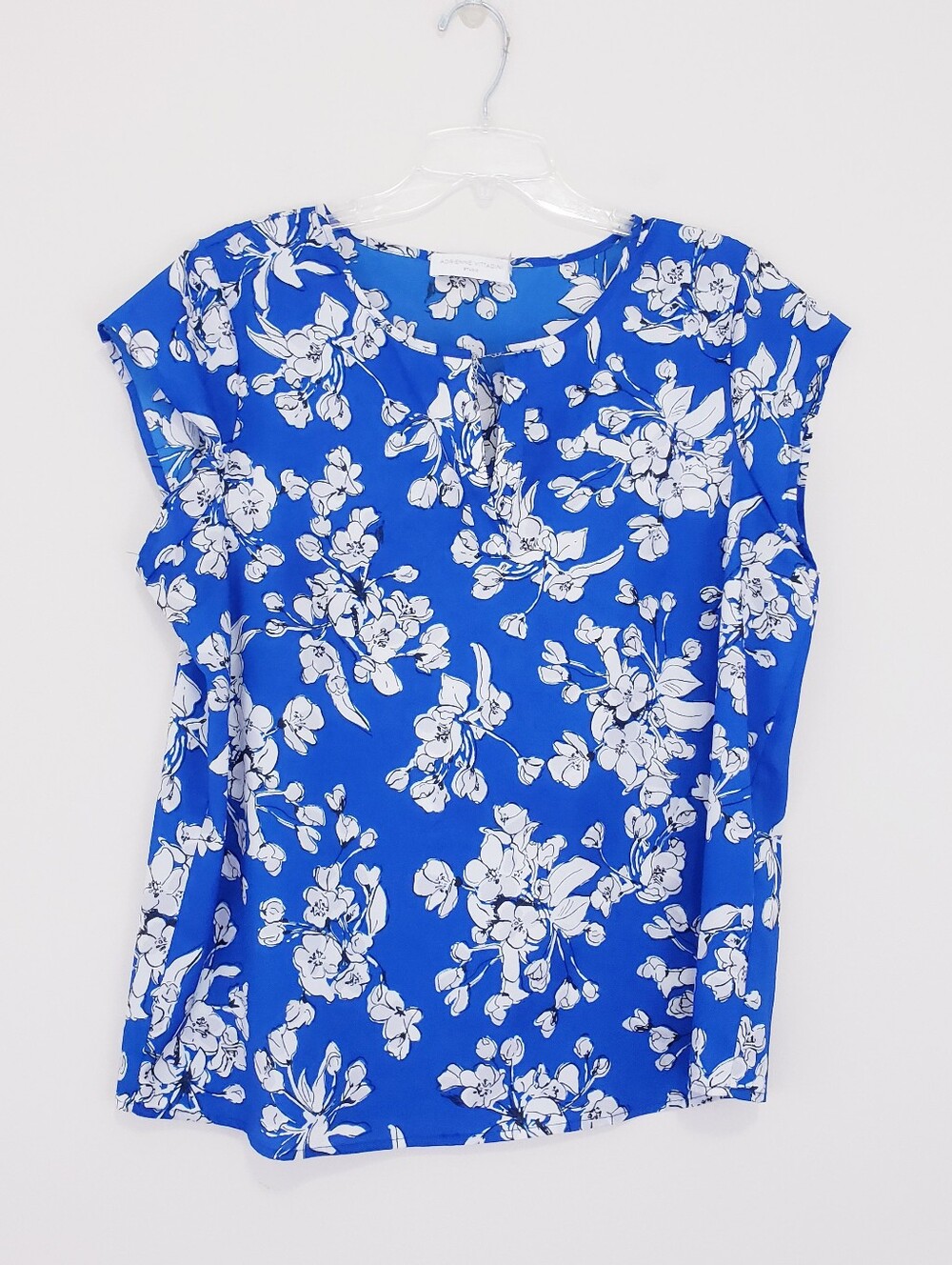 Adrienne Vittadini Blue White Floral Blouse Short Sleeve Slit Neck Size XL